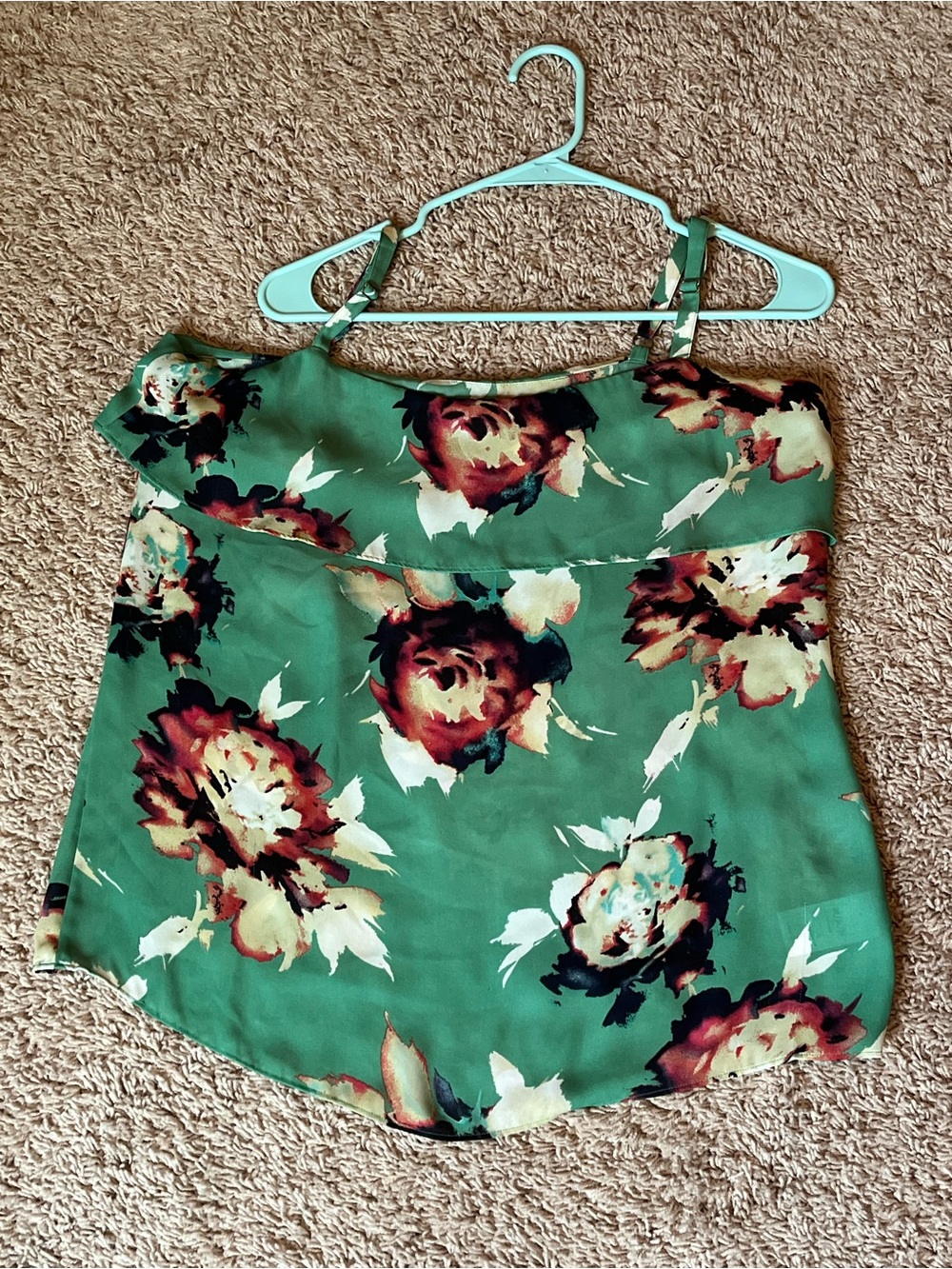 CAbi Green Floral Camisole with Burgundy and Cream Blooms